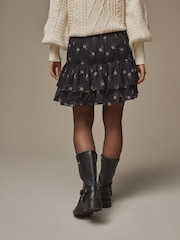 Laura Ashley Black Beauchamp Daisy Tiered Chiffon Mini Skirt - Image 7 of 9