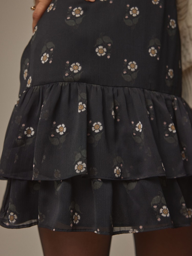 Laura Ashley Black Beauchamp Daisy Tiered Chiffon Mini Skirt - Image 9 of 9