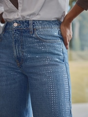 Mittelblau - Weit geschnittene Jeans mit Paillettenverzierung aus 100 % Baumwolle - Bild 1 von 7