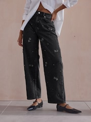 Black Hand Embellished Barrel Denim 100% Cotton Jeans - Image 5 of 8