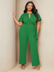 Lipsy Green Curve Flutter Sleeve Tie Side Wide Leg Jumpsuit - Image 1 of 4