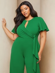 Lipsy Green Curve Flutter Sleeve Tie Side Wide Leg Jumpsuit - Image 3 of 4