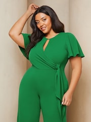 Lipsy Green Curve Flutter Sleeve Tie Side Wide Leg Jumpsuit - Image 4 of 4