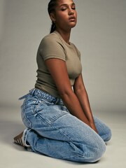 Mid Blue Adjustable Cinch Back Wide leg Hourglass 100% Cotton Jeans - Image 3 of 8