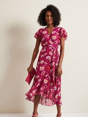 Phase Eight Pink Petite Nadine Ruffle Print Dress - Image 3 of 7