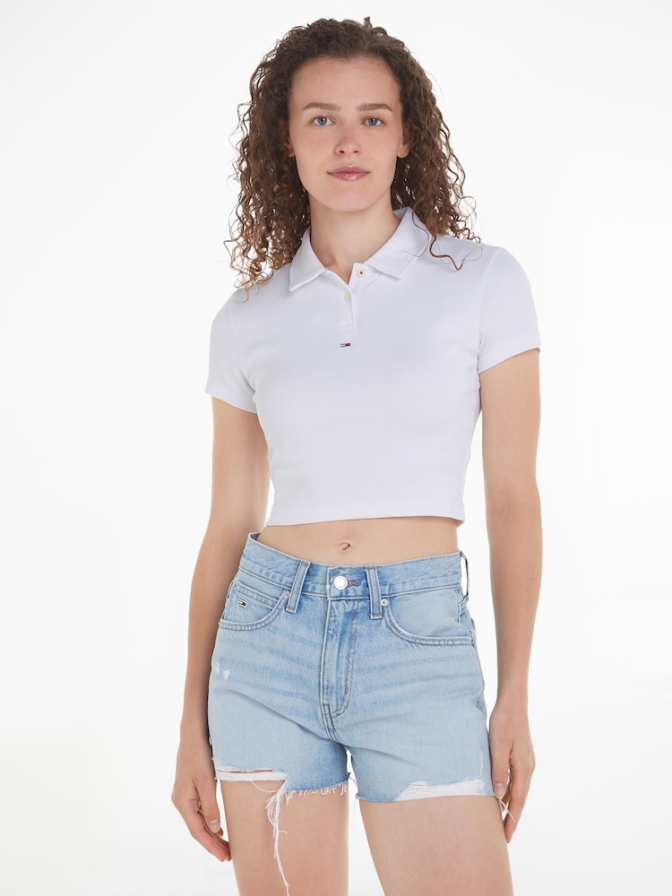 Tommy Jeans White Crop Polo Top - Image 1 of 6 Tommy Jeans White Crop Polo Top - Image 1 of 6