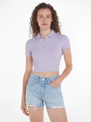 Tommy Jeans Purple Crop Polo Top - Image 1 of 6