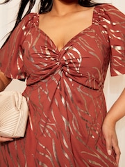 Curves Like These Brown Twist Front Flutter Sleeve Metallic Midi Dress - Image 2 of 4
