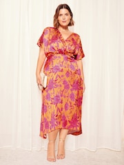Curves Like These Orange Satin Short Sleeve Wrap Midi Dress - Image 1 of 4