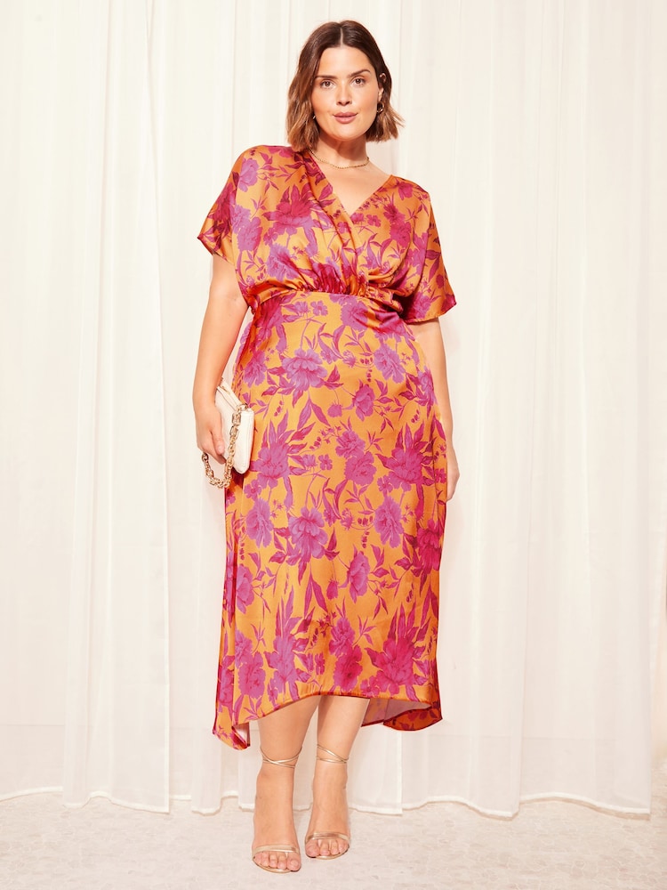 Curves Like These Orange Satin Short Sleeve Wrap Midi Dress - Image 1 of 4