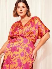 Curves Like These Orange Satin Short Sleeve Wrap Midi Dress - Image 2 of 4