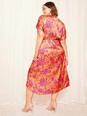 Curves Like These Orange Satin Short Sleeve Wrap Midi Dress - Image 4 of 4