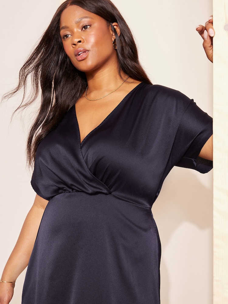 Curves Like These Navy Blue Satin Short Sleeve Wrap Midi Dress - Image 2 of 4