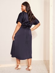 Curves Like These Navy Blue Satin Short Sleeve Wrap Midi Dress - Image 4 of 4