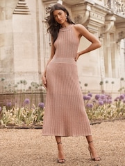 Lipsy Pink Metallic Knitted Pointelle Halter Dress - Image 1 of 4