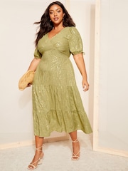 Curves Like These Khaki Green Printed Satin Puff Sleeve Midi Dress - Image 1 of 4