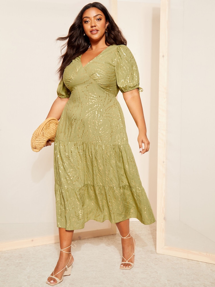 Curves Like These Khaki Green Printed Satin Puff Sleeve Midi Dress - Image 1 of 4