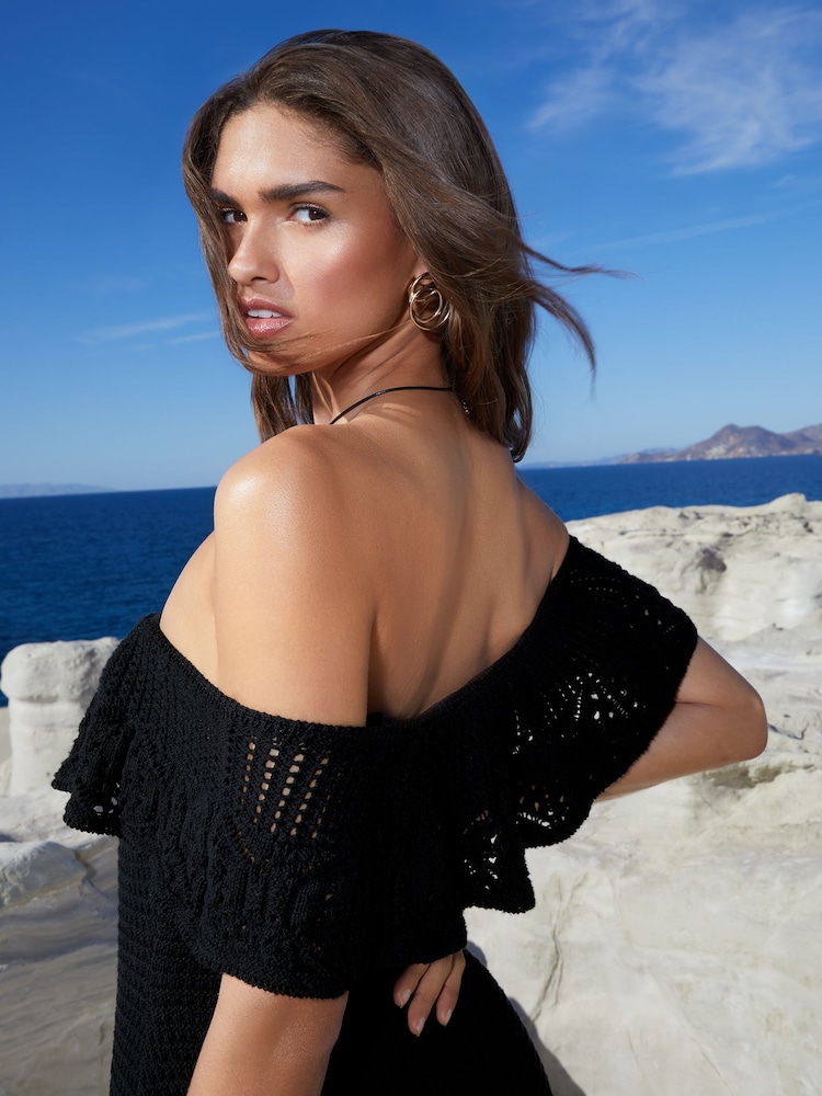 Lipsy Black Petite Bardot Crochet Knit Maxi Dress - Image 2 of 4 Lipsy Black Petite Bardot Crochet Knit Maxi Dress - Image 2 of 4