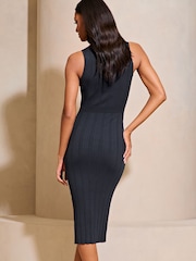 Lipsy Navy Blue Wrap Detail Knitted Bodycon Midi Dress With Split - Image 2 of 4