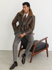 Reiss Tobacco Brown Bodrum Shearling Distressed Aviator Jacket - Image 10 of 11