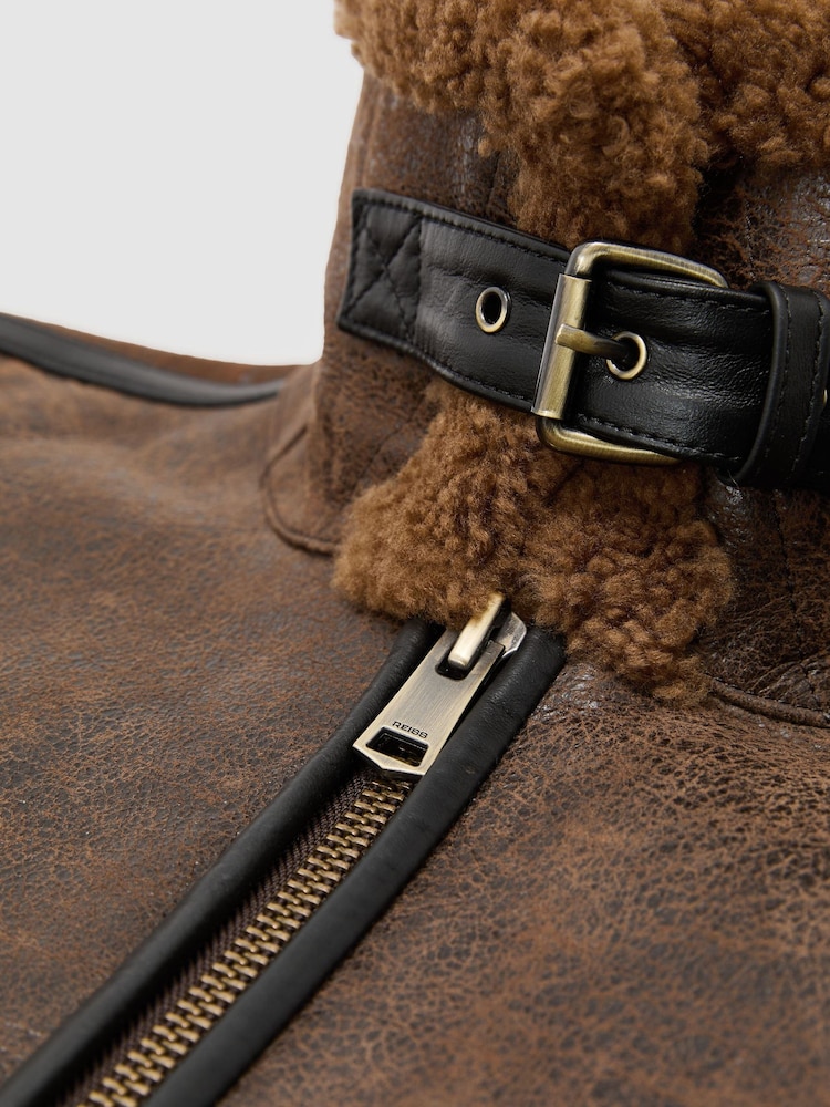 Reiss Tobacco Brown Bodrum Shearling Distressed Aviator Jacket - Image 11 of 11 Reiss Tobacco Brown Bodrum Shearling Distressed Aviator Jacket - Image 11 of 11