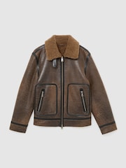 Reiss Tobacco Brown Bodrum Shearling Distressed Aviator Jacket - Image 2 of 9