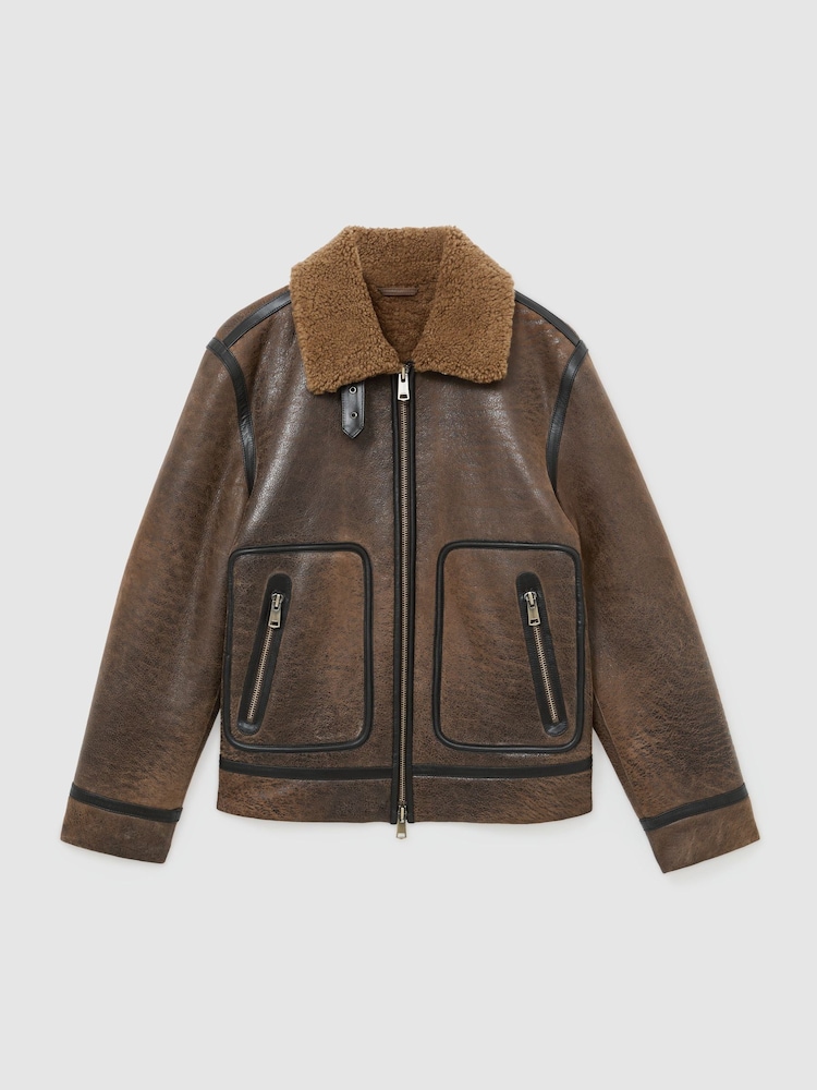 Reiss Tobacco Brown Bodrum Shearling Distressed Aviator Jacket - Image 2 of 9 Reiss Tobacco Brown Bodrum Shearling Distressed Aviator Jacket - Image 2 of 9