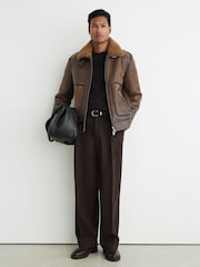 Reiss Tobacco Brown Bodrum Shearling Distressed Aviator Jacket - Image 3 of 9
