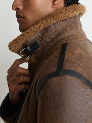 Reiss Tobacco Brown Bodrum Shearling Distressed Aviator Jacket - Image 4 of 9