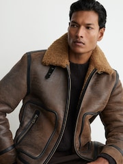 Reiss Tobacco Brown Bodrum Shearling Distressed Aviator Jacket - Image 5 of 9