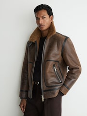 Reiss Tobacco Brown Bodrum Shearling Distressed Aviator Jacket - Image 6 of 9