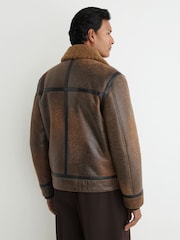 Reiss Tobacco Brown Bodrum Shearling Distressed Aviator Jacket - Image 7 of 9