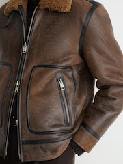 Reiss Tobacco Brown Bodrum Shearling Distressed Aviator Jacket - Image 8 of 9