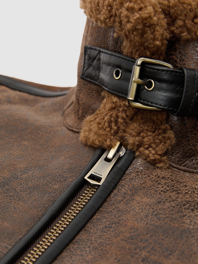 Reiss Tobacco Brown Bodrum Shearling Distressed Aviator Jacket - Image 9 of 9 Reiss Tobacco Brown Bodrum Shearling Distressed Aviator Jacket - Image 9 of 9
