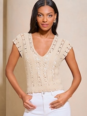 Lipsy Beige Crochet Knitted Short Sleeve Top - Image 2 of 5