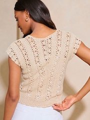 Lipsy Beige Crochet Knitted Short Sleeve Top - Image 3 of 5