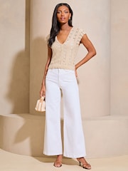 Lipsy Beige Crochet Knitted Short Sleeve Top - Image 4 of 5