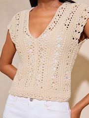 Lipsy Beige Crochet Knitted Short Sleeve Top - Image 5 of 5