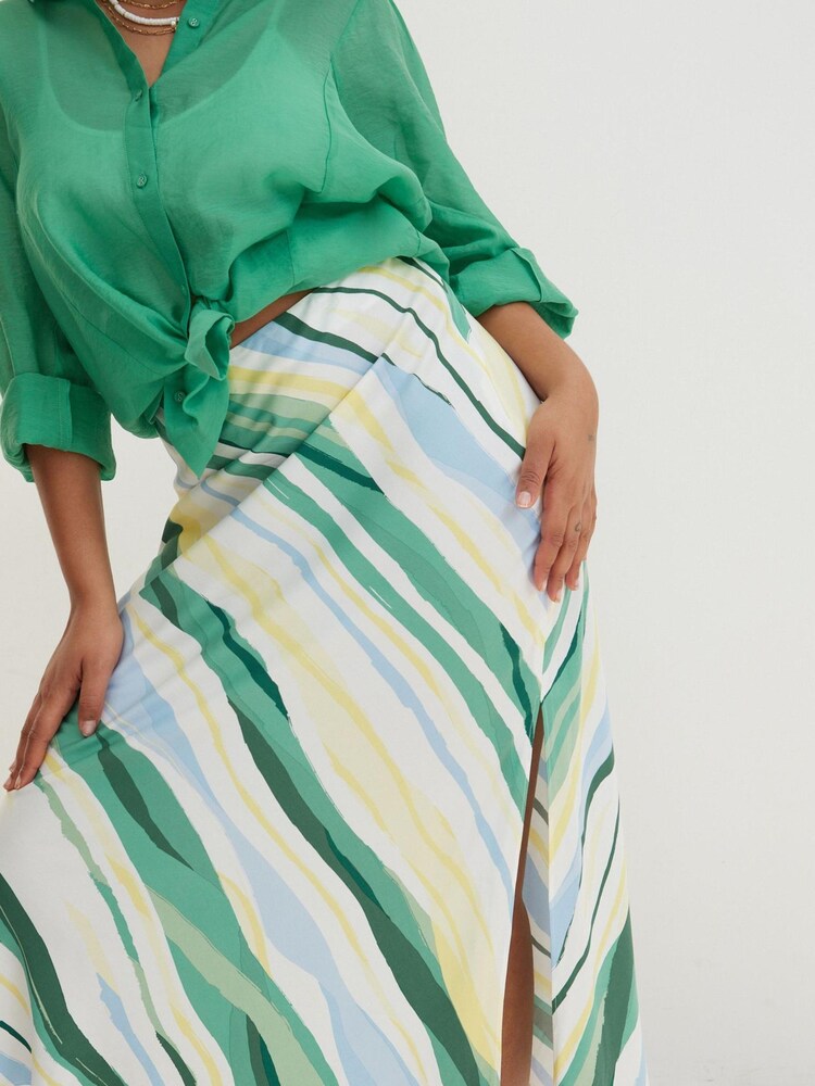 Oliver Bonas Green Stripe Satin Midi Skirt - Image 7 of 7