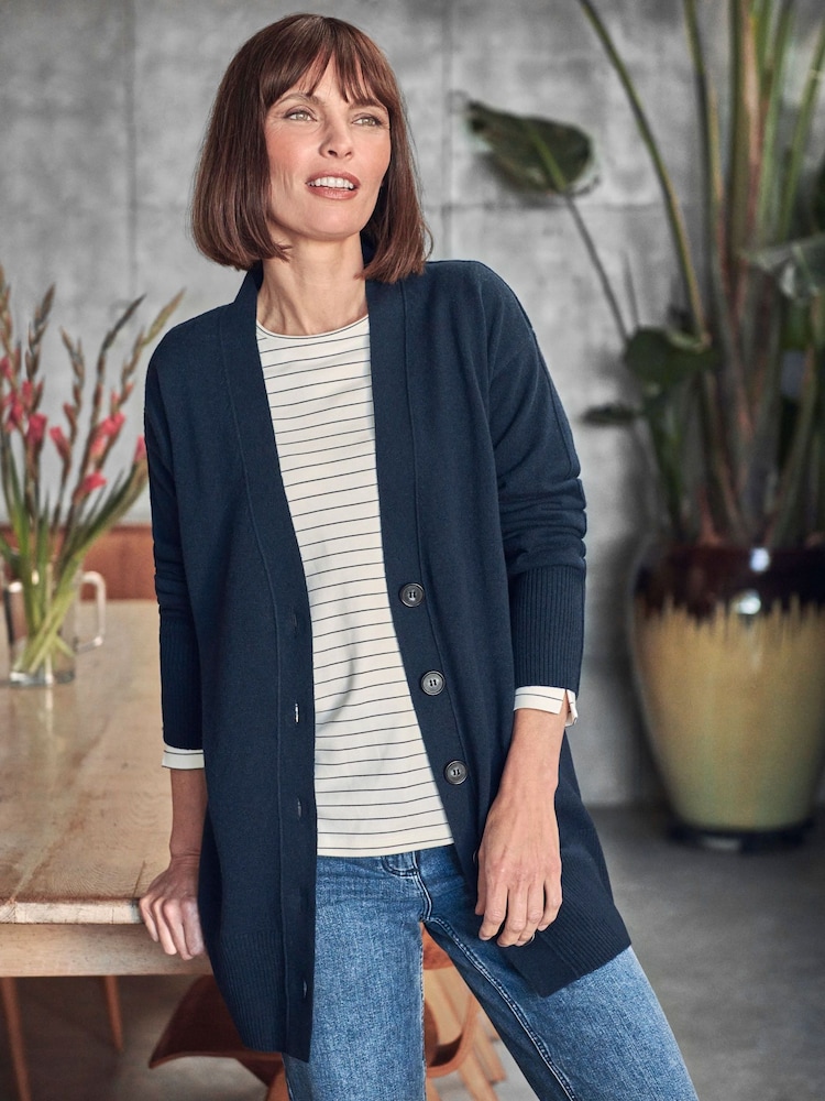 Pure Collection Blue Ribbed Cashmere Boyfriend Cardigan - Image 1 of 3 Pure Collection Blue Ribbed Cashmere Boyfriend Cardigan - Image 1 of 3