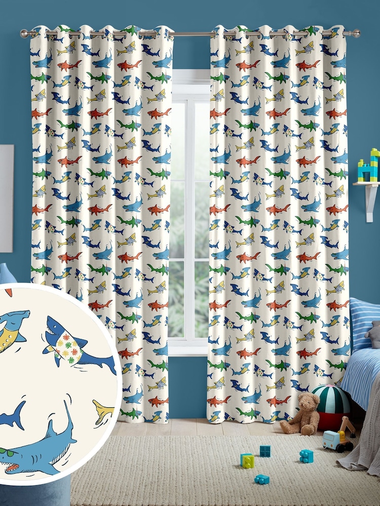 Cath Kidston Cream Kids Summer Sharks Made To Measure 100% Cotton Curtains - Image 1 of 9