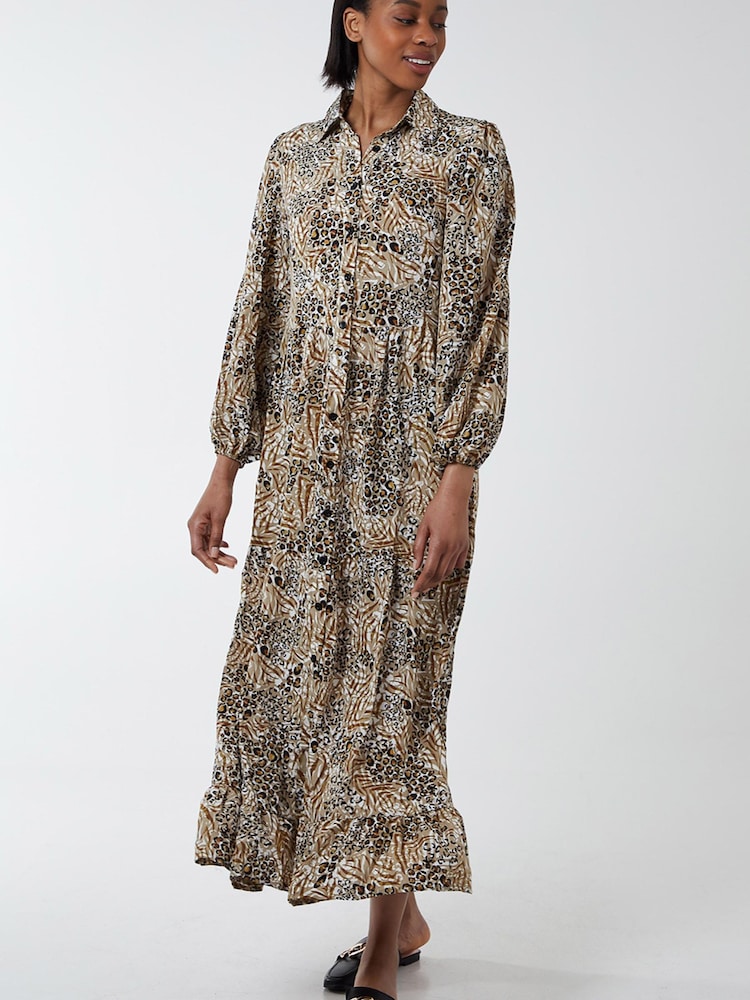 Blue Vanilla Brown Button Front Long Slv Maxi Dress - Image 1 of 1
