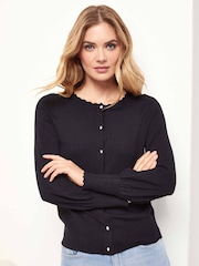 Lipsy Black Scallop Detail Crew Neck Button Through Knitted Cardigan - Image 1 of 4