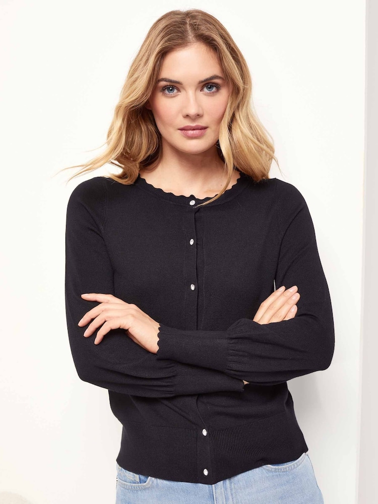 Lipsy Black Scallop Detail Crew Neck Button Through Knitted Cardigan - Image 1 of 4