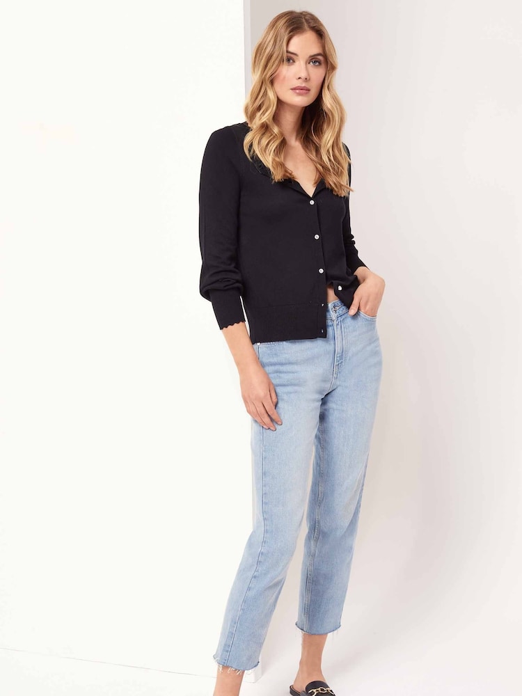 Lipsy Black Scallop Detail Crew Neck Button Through Knitted Cardigan - Image 3 of 4