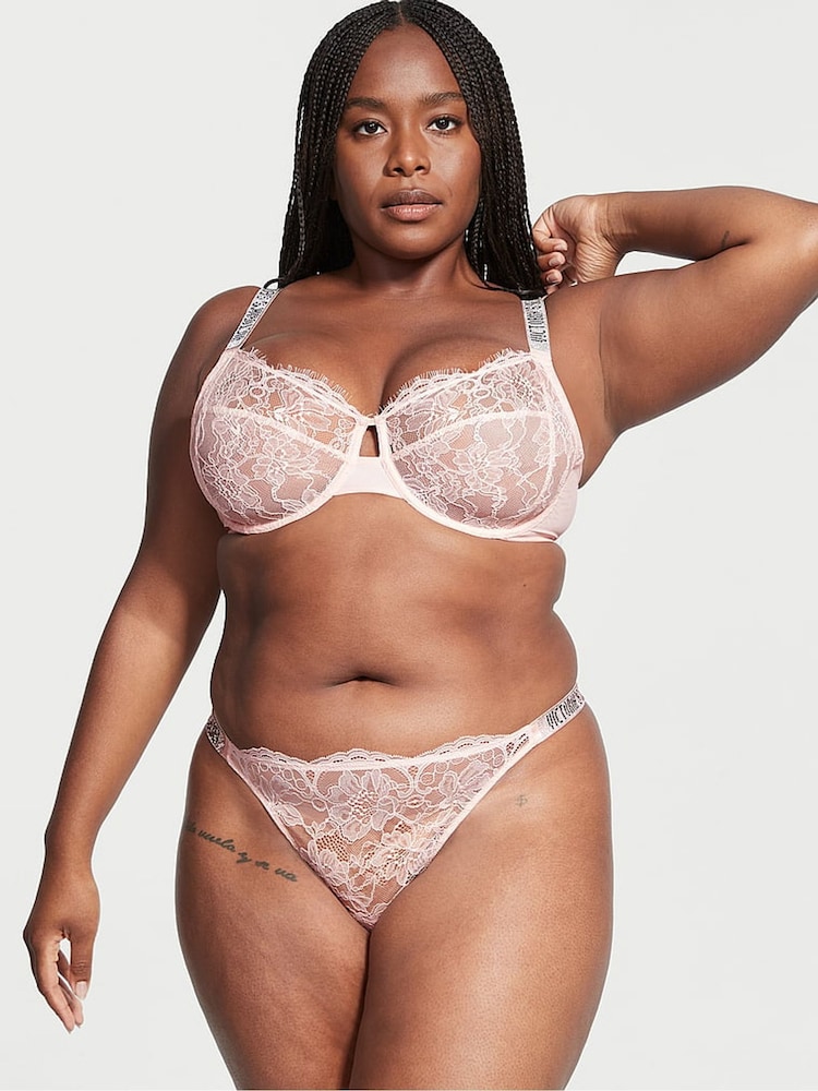 Victoria's Secret Purest Pink Lace Shine Strap Thong Panty - Image 1 of 3 Victoria's Secret Purest Pink Lace Shine Strap Thong Panty - Image 1 of 3