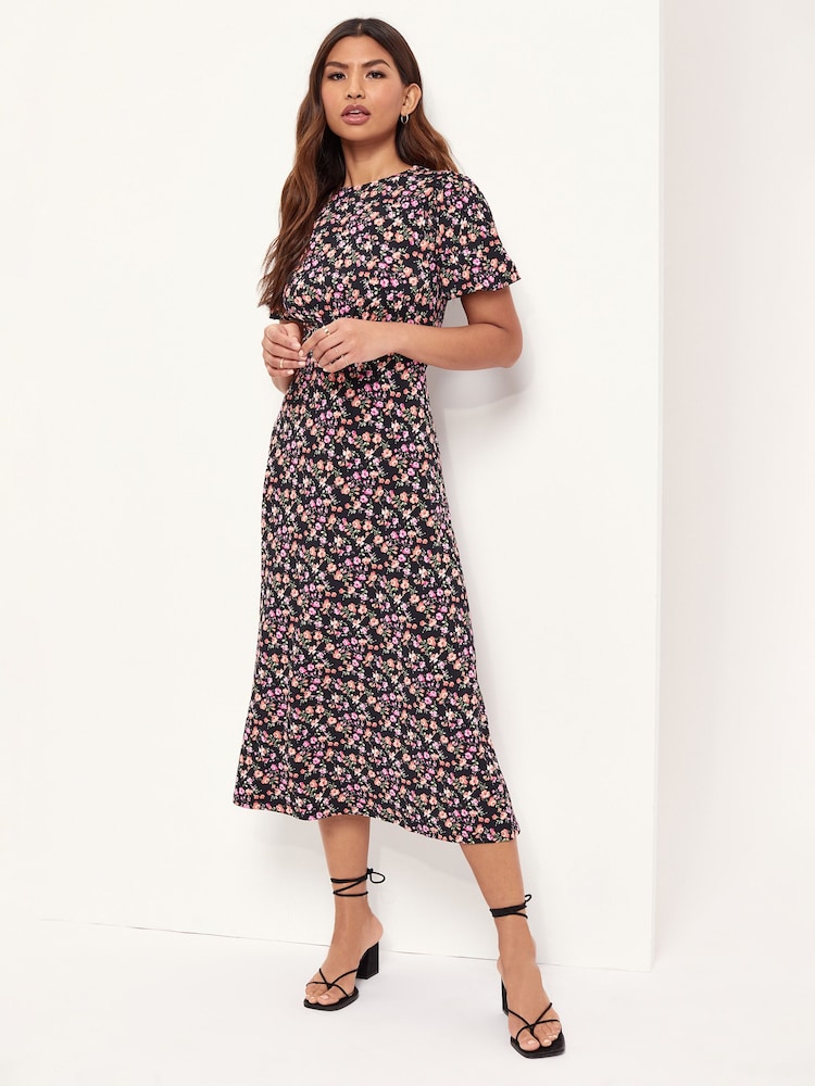 Lipsy Floral Jersey Puff Short Sleeve Underbust Midi Dress - Image 1 of 4