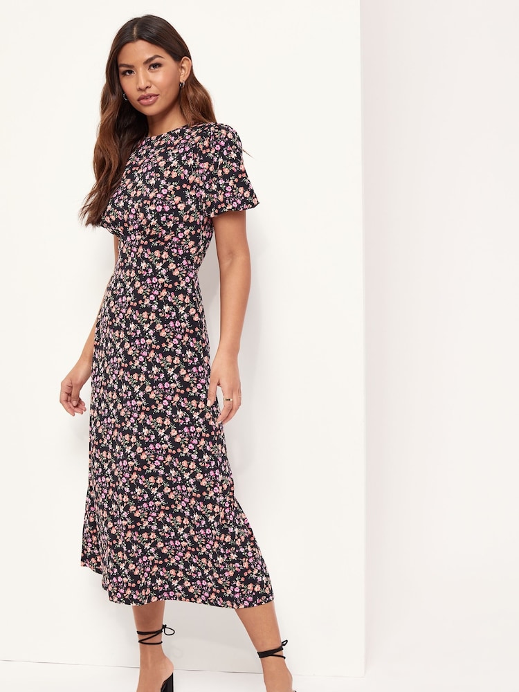 Lipsy Floral Jersey Puff Short Sleeve Underbust Midi Dress - Image 2 of 4