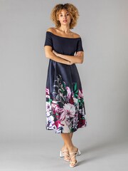 Roman Navy Bardot Floral Fit & Flare Dress - Image 1 of 4