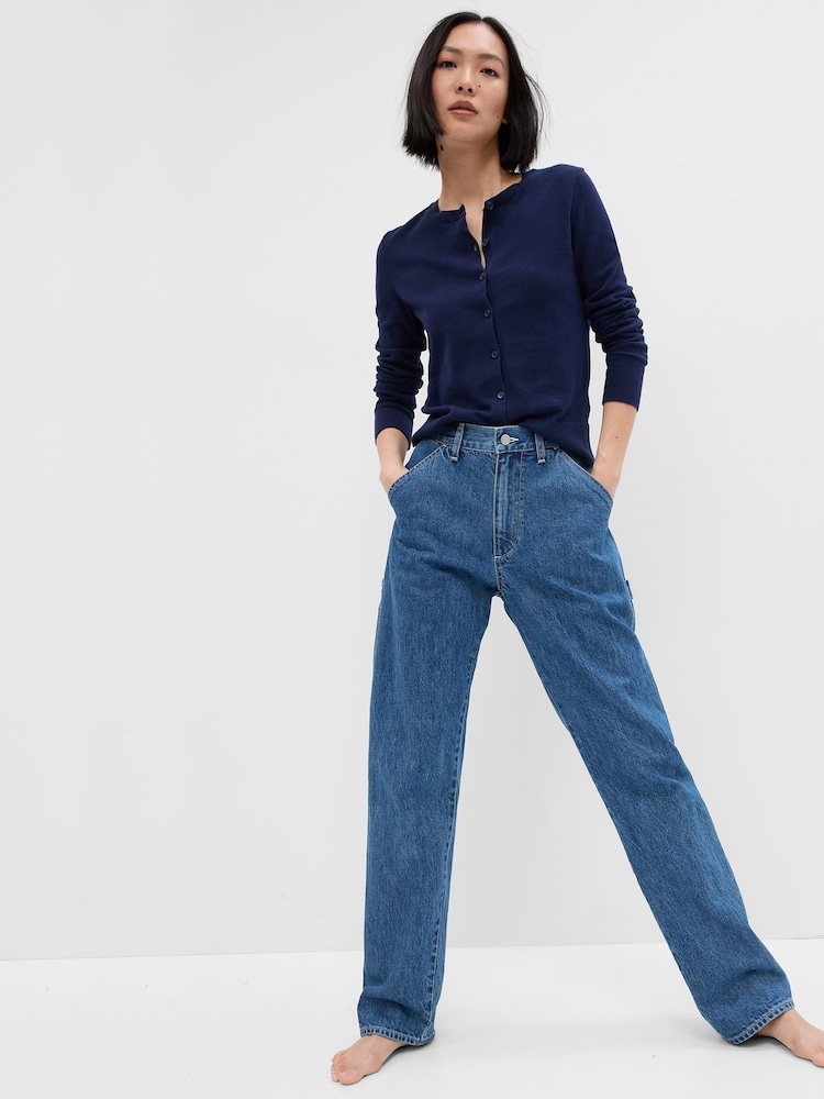 Gap Blue Lightweight Cotton Long Sleeve Crew Neck Cardigan - Image 3 of 6